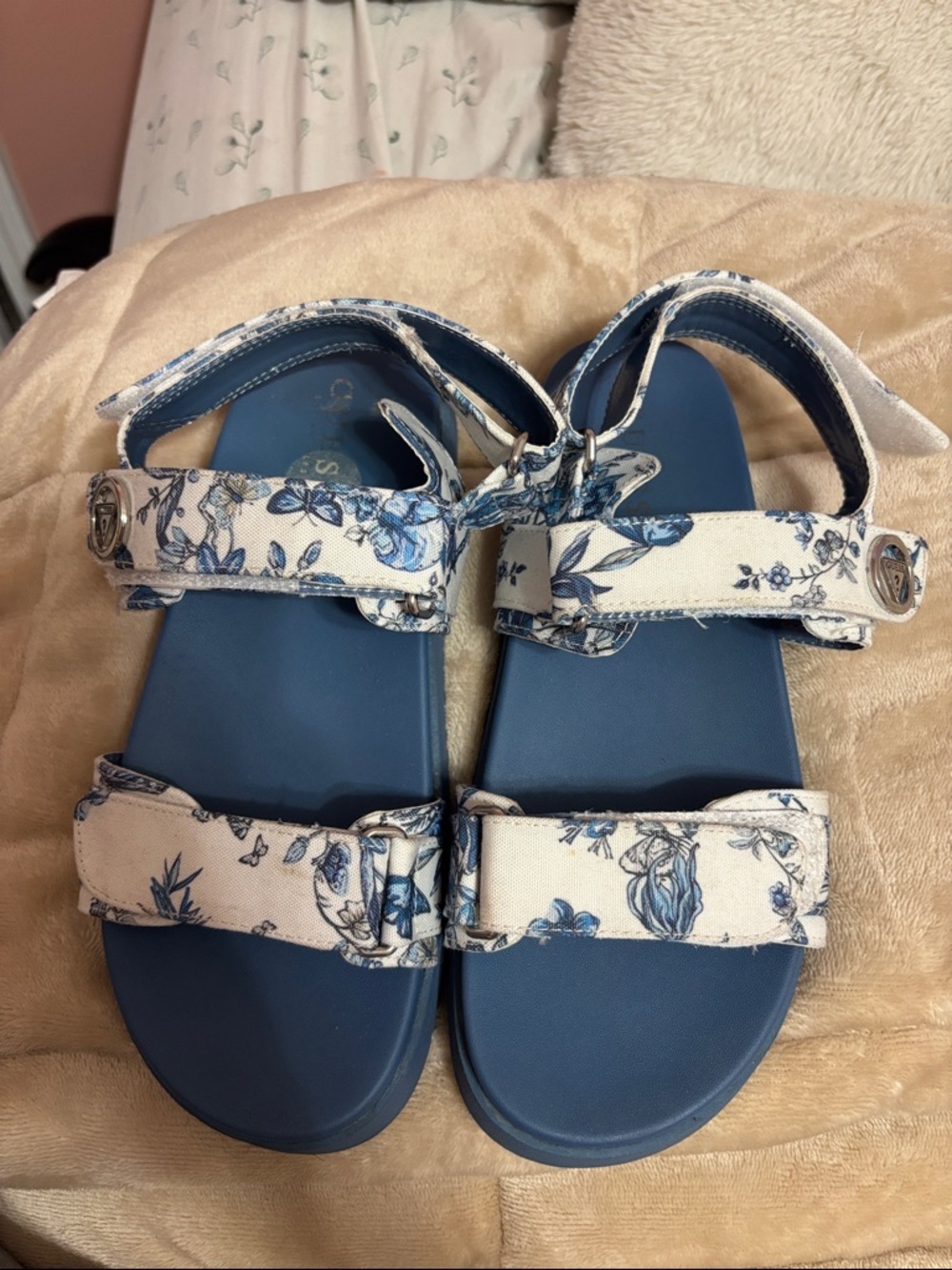 Guess Blue Floral Print Strap Sandals